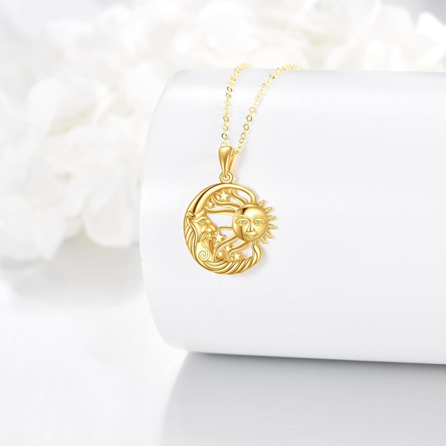 KECHO 14K Solid Gold Sun Moon Star Necklace Couple Pendant 14K Real Gold Jewelry Anniversary Birthday Gifts for Women