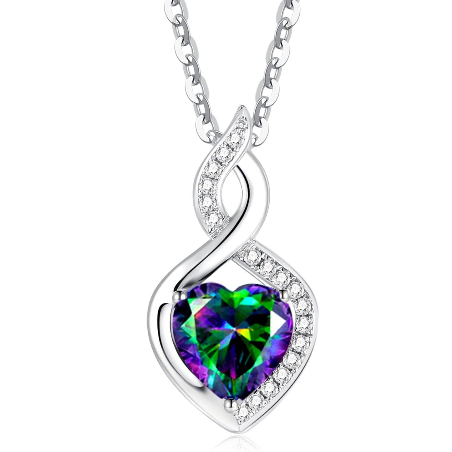 FANCIME 14K Solid White Gold Heart Birthstone Necklace with Diamond Pendent Birthday Gifts for Mom Women, Sterling Silver Chain 16" + 2" Extender