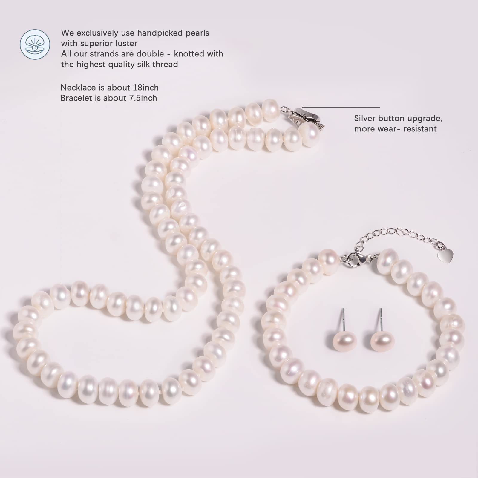 AOOVOO Freshwater Cultured Pearl Necklace Set - Real Pearl Necklace Set Includes Stunning Bracelet and Stud Earrings Jewelry Set for Women - SM