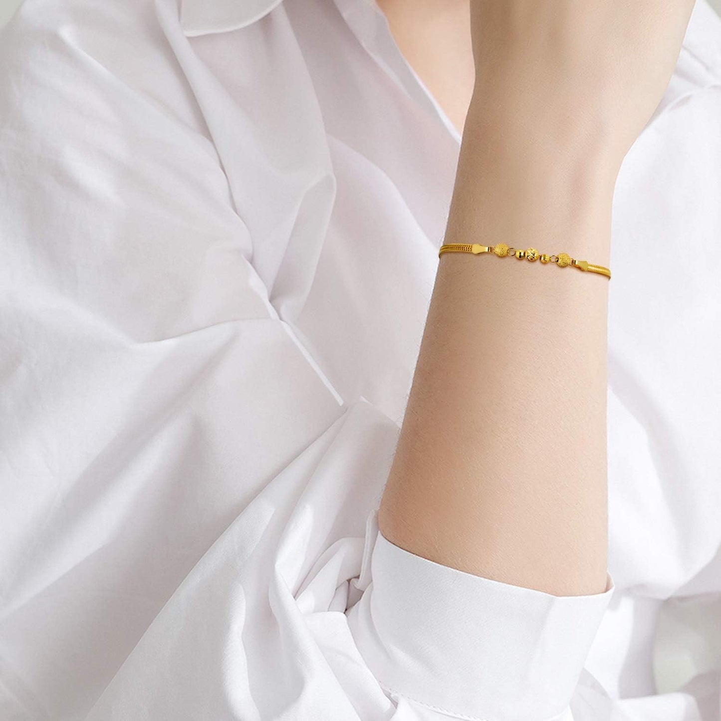 SISGEM Solid 18k Yellow Gold Bead Bracelet for Women, Real18 Karat Gold Jewelry Gifts for Her, (2.3 mm Wide Chain, 6.5-7.7 Inch)