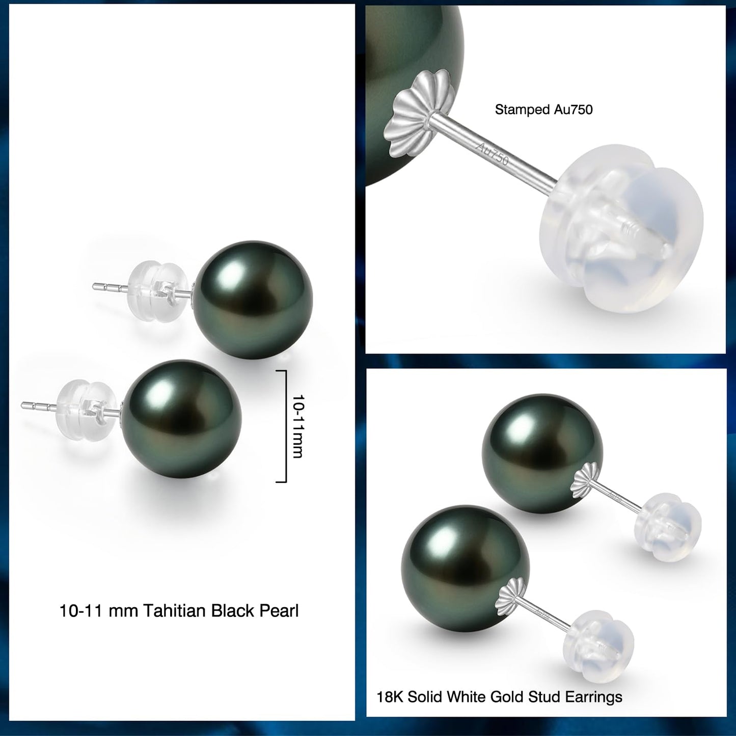 18K Solid Gold Genuine Tahitian Black Pearl Stud Earrings for Women, AAAA 8-11mm Seawater Pearls - Christmas Gift for Wife Mom Daughter Sister Grandma, Women Jewelry for Wedding Anniversary Birthday