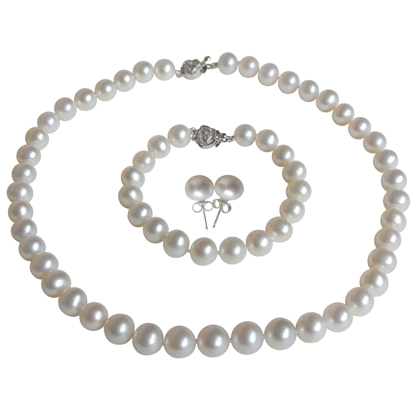 ROUND Real Pearl Necklace Set for Women Bracelet Stud Earrings Ivory Beige Cream White Pearl Jewelry Set Men Cultured Freshwater Wedding - SM