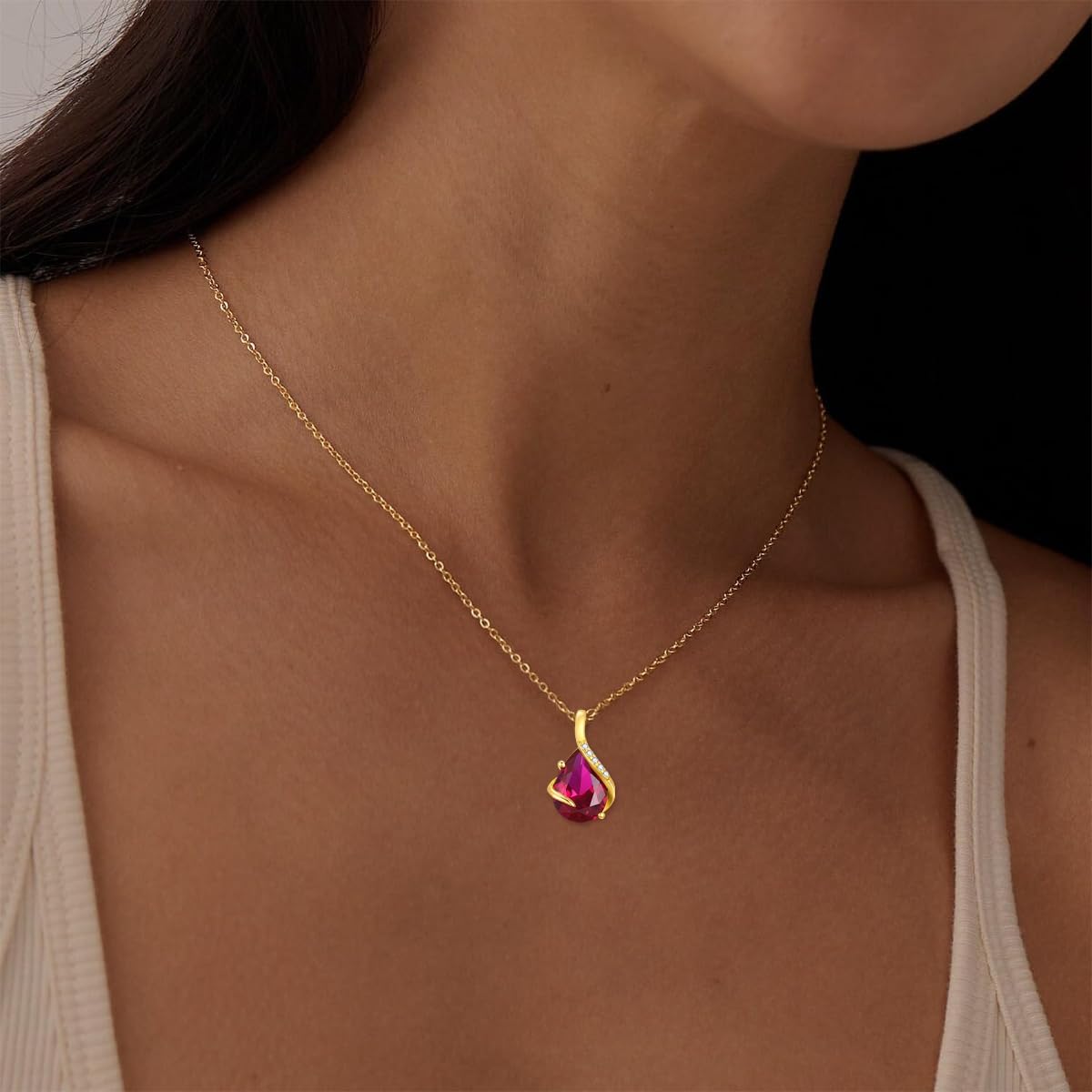 YDD 14K Solid Gold Gemstone Birthstone Necklaces for Women Dainty 2 Carat Pear Shaped Teardrop Gemstone Birthstone Pendant Anniversary Birthday Jewelry Gifts for Her 16"-18"