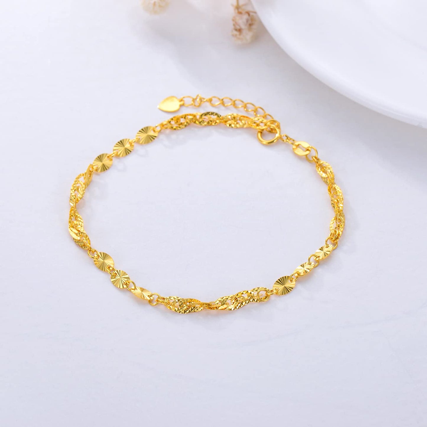 18k Yellow Gold Bracelet for Women, 3mm Width Real Gold Italian Diamond-Cut Link Chain Bracelets Jewelry Anniversary Birthday Gift for Her, Mom, Wife