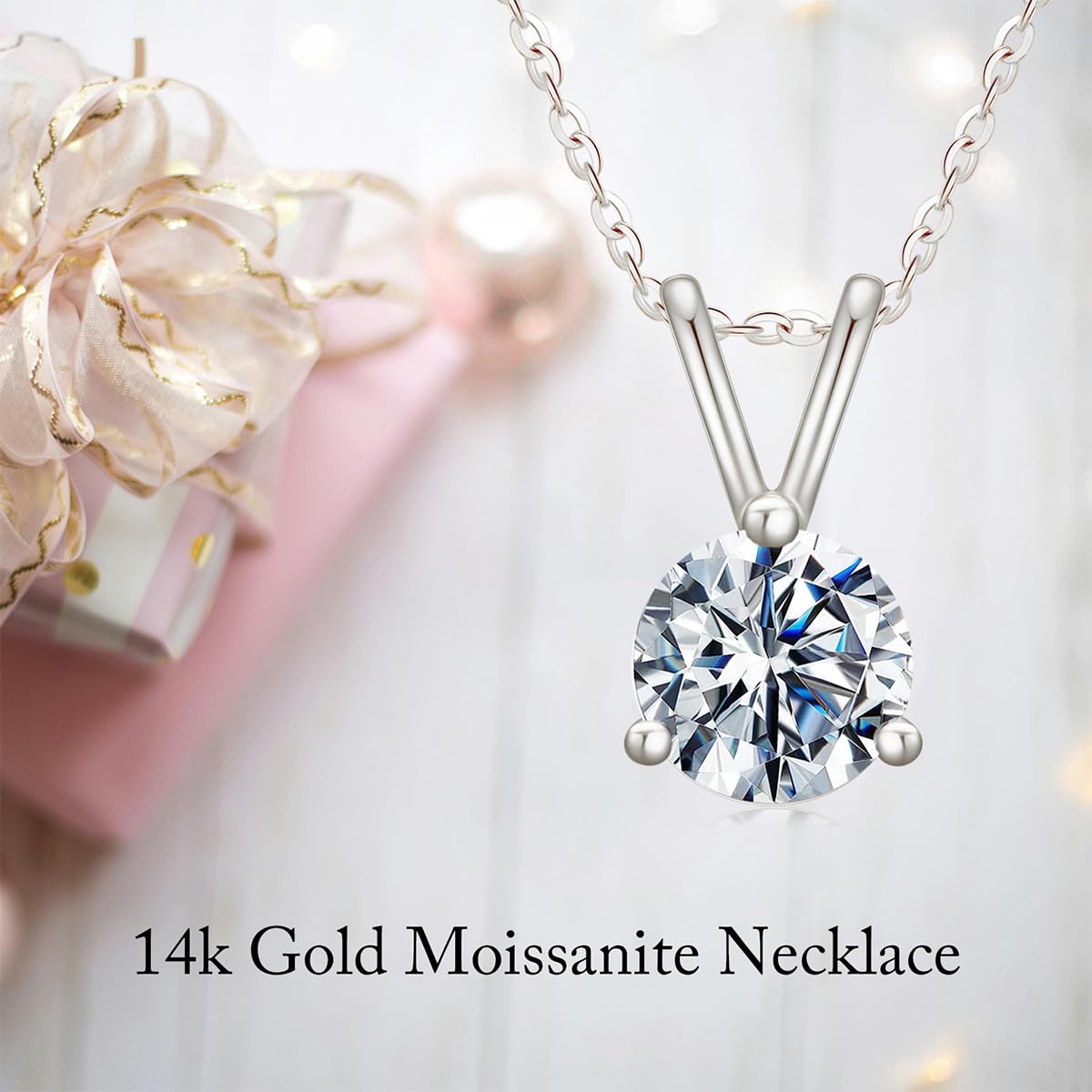 Moissanite Necklace for Women In 14K Gold, 0.5-2 Carats D Color VVS1 Brilliant Cut Moissanite Solitaire Simulated Diamond Pendant Anniversary Birthday Women Jewelry Gifts