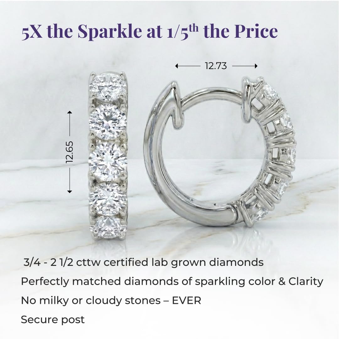 Diamond Huggie Earrings for Women | 3/4-2 1/2 CT TW 14K Yellow and White Gold Small Hoop Earrings | Lab Created Diamonds | Certified by Gemologists