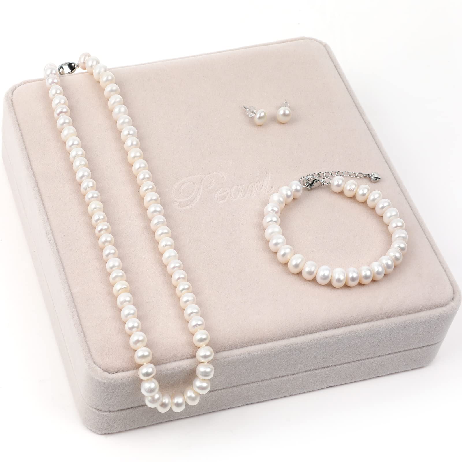 AOOVOO Freshwater Cultured Pearl Necklace Set - Real Pearl Necklace Set Includes Stunning Bracelet and Stud Earrings Jewelry Set for Women - SM