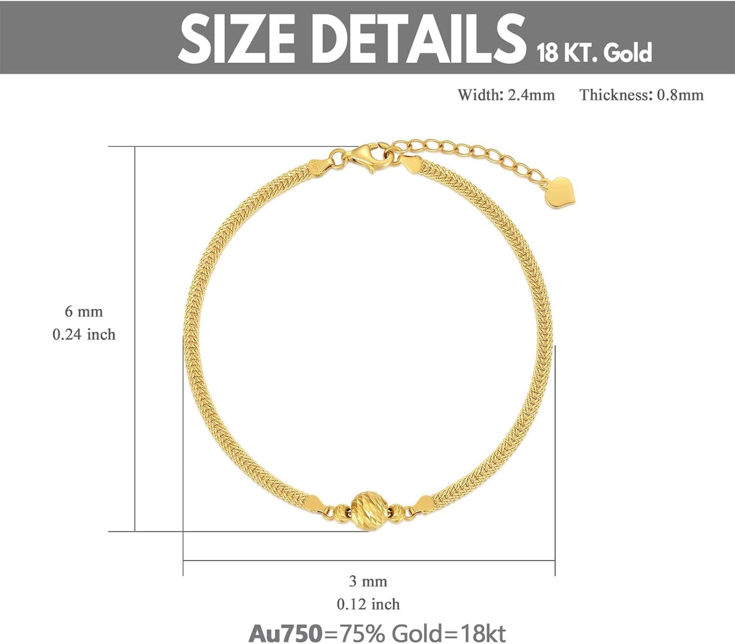 18K Solid Gold Italian Bracelet for Women, 2.4MM Width Gold Durable Bismark Chain Bracelets Jewelry Anniversary Birthday Gift for Mom, Wife, Sister 6.5"-8.5"