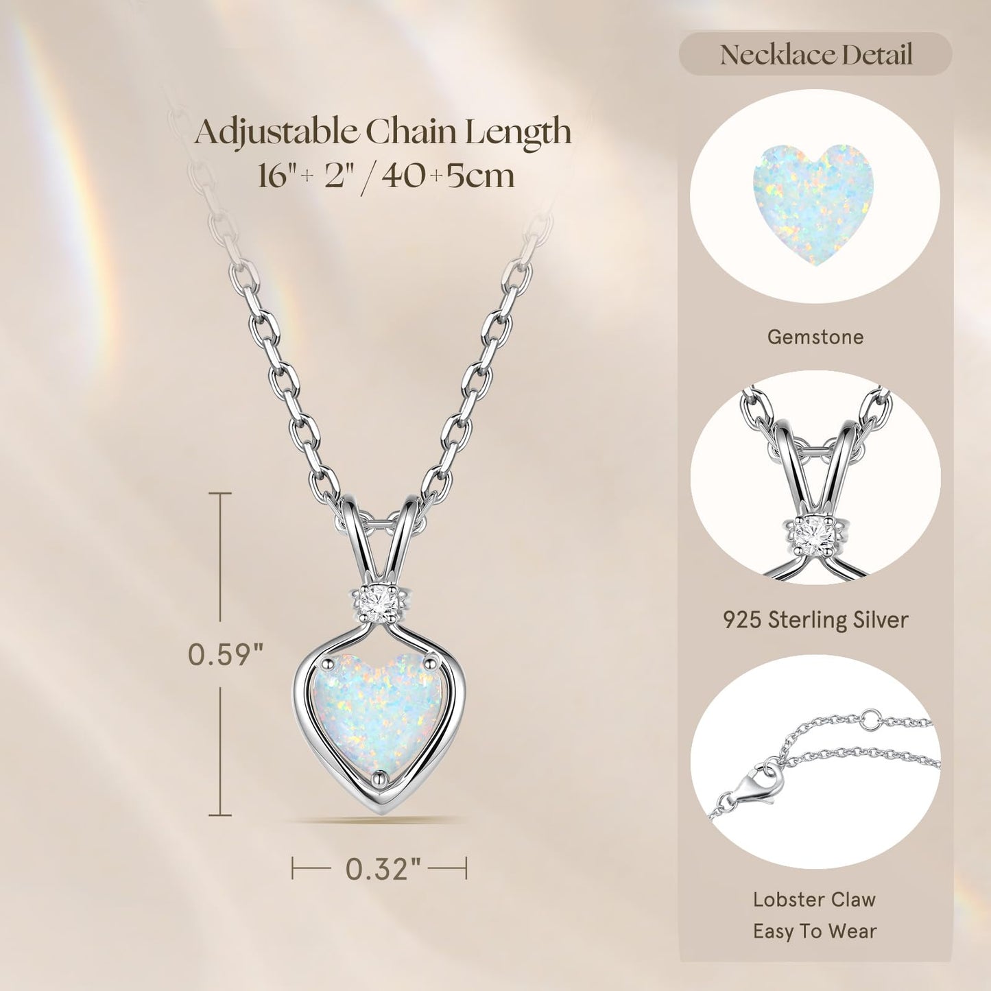 FANCIME 14K Solid White Gold Heart Birthstone Necklace for Women with lab-grown diamond Pendant Birthday Gifts for Mom Women Sterling Silver Chain 16" + 2" Extender