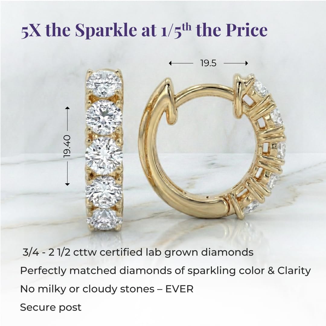 Diamond Huggie Earrings for Women | 3/4-2 1/2 CT TW 14K Yellow and White Gold Small Hoop Earrings | Lab Created Diamonds | Certified by Gemologists