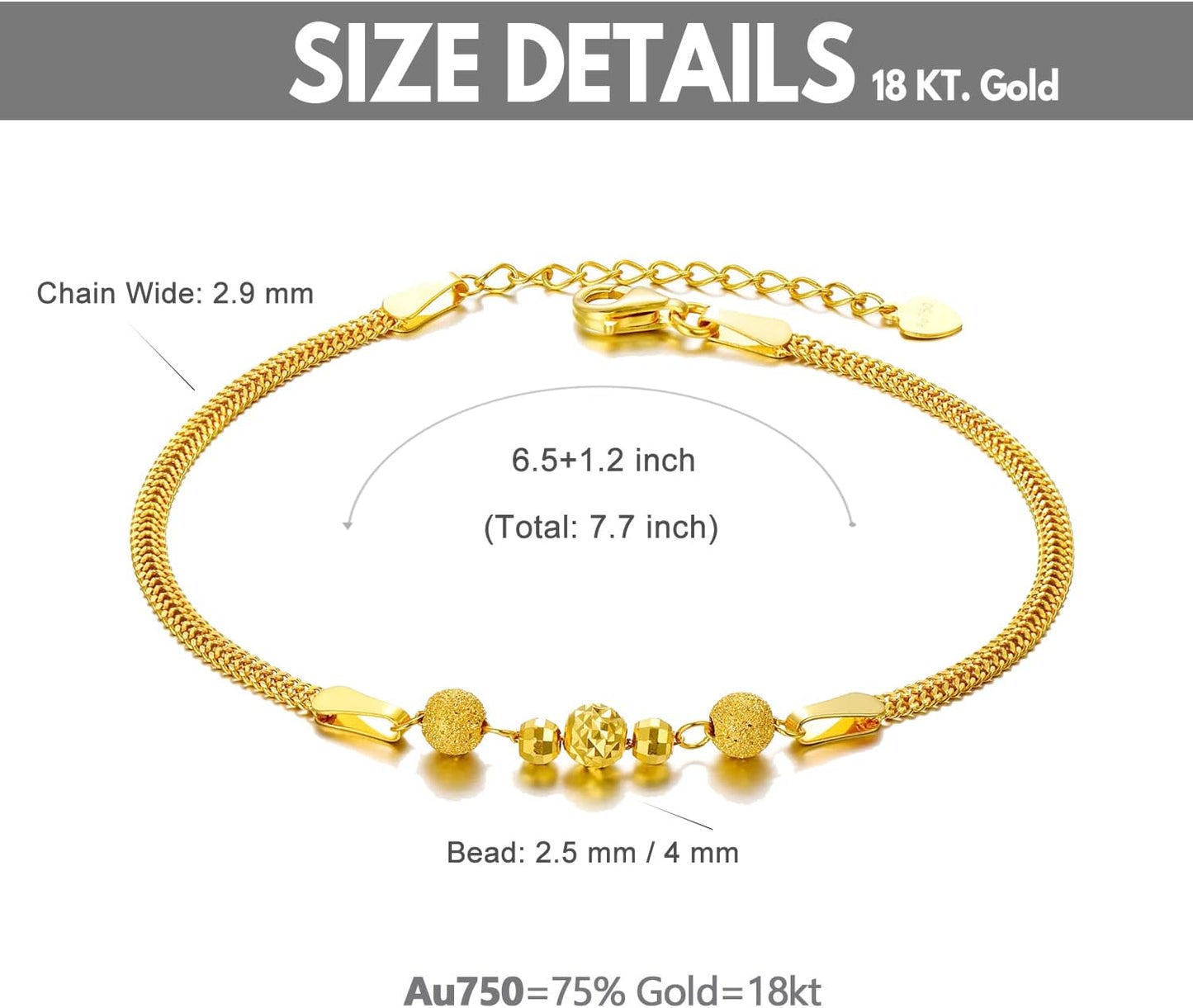SISGEM Solid 18k Yellow Gold Bead Bracelet for Women, Real18 Karat Gold Jewelry Gifts for Her, (2.3 mm Wide Chain, 6.5-7.7 Inch)