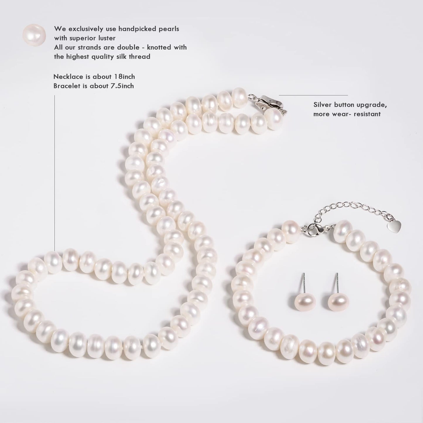 AOOVOO Freshwater Cultured Pearl Necklace Set - Real Pearl Necklace Set Includes Stunning Bracelet and Stud Earrings Jewelry Set for Women - SM