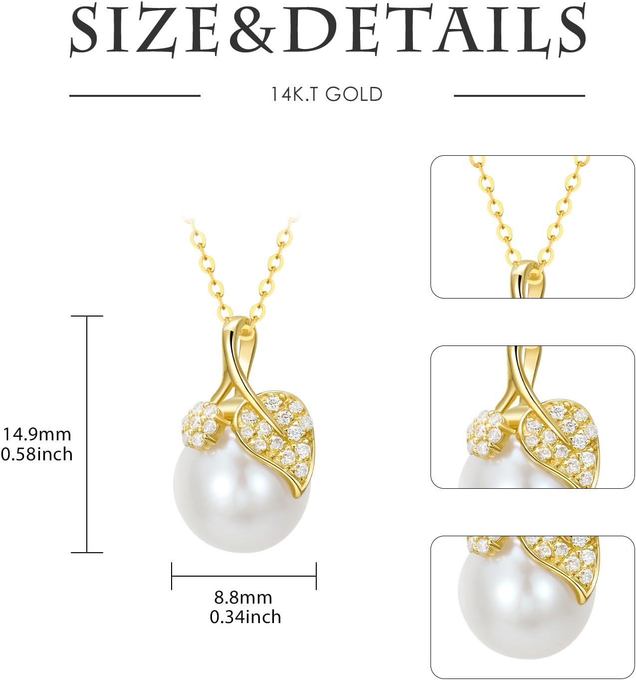 14k Gold Created Moissanite Leaf and Freshwater Cultured Pearl Pendant Necklace for Women, Fine 14kt Gold Pearl Jewerly Gifts for Her, 16-18 Inches