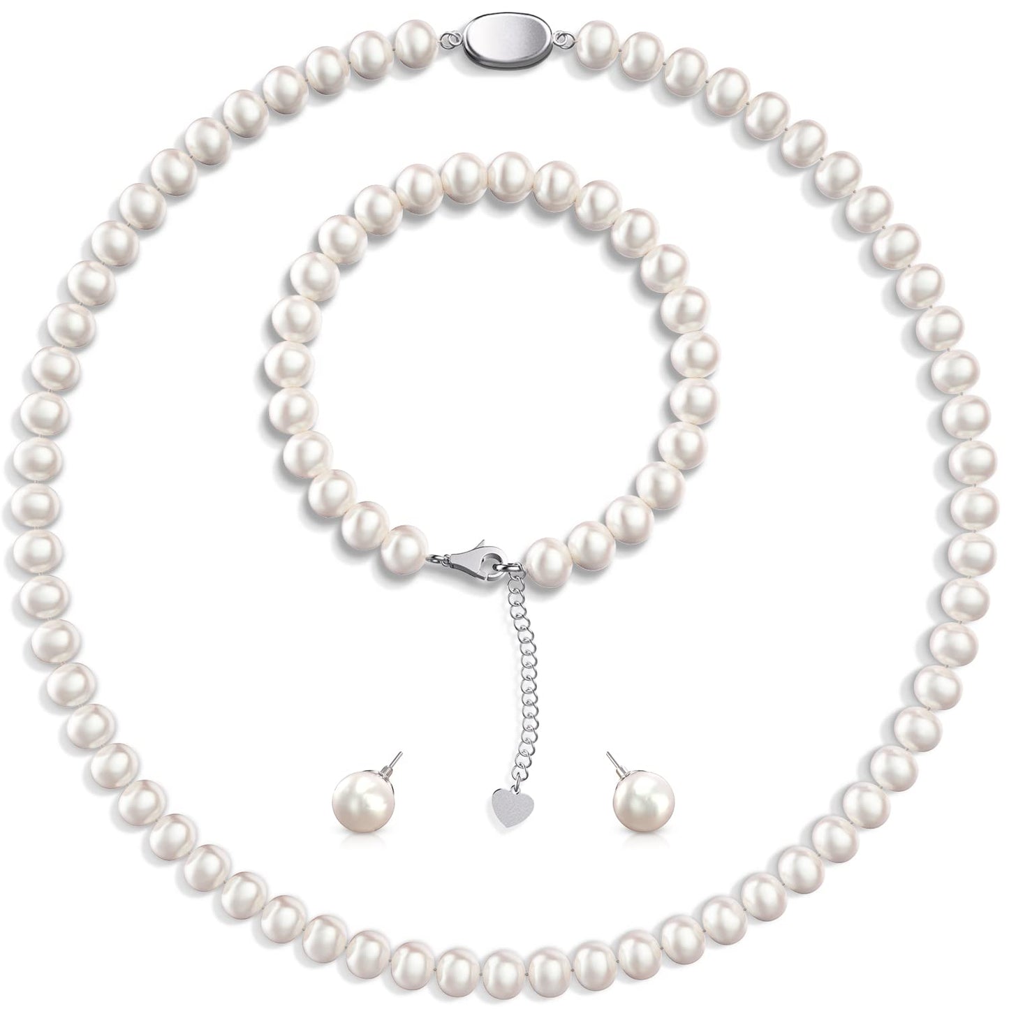 AOOVOO Freshwater Cultured Pearl Necklace Set - Real Pearl Necklace Set Includes Stunning Bracelet and Stud Earrings Jewelry Set for Women - SM