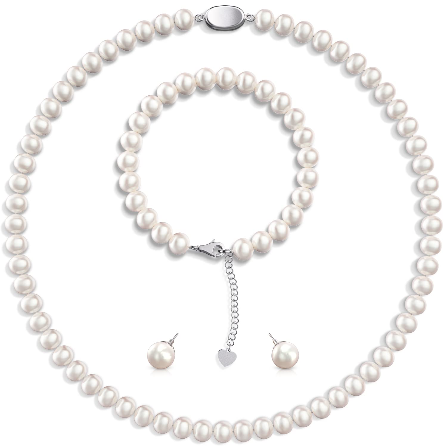 AOOVOO Freshwater Cultured Pearl Necklace Set - Real Pearl Necklace Set Includes Stunning Bracelet and Stud Earrings Jewelry Set for Women - SM