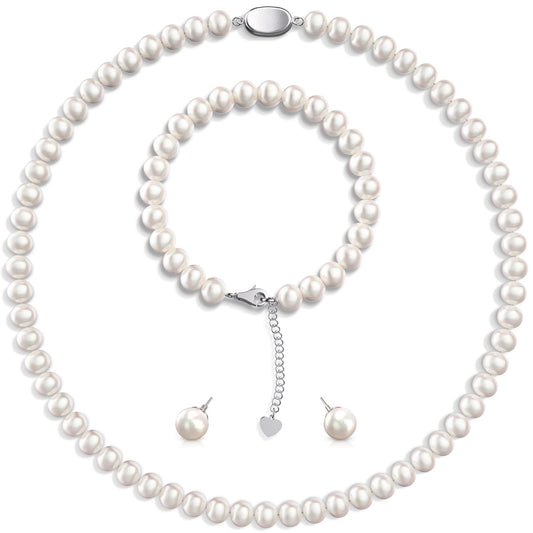 AOOVOO Freshwater Cultured Pearl Necklace Set - Real Pearl Necklace Set Includes Stunning Bracelet and Stud Earrings Jewelry Set for Women - SM