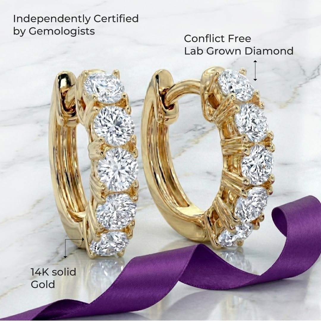 Diamond Huggie Earrings for Women | 3/4-2 1/2 CT TW 14K Yellow and White Gold Small Hoop Earrings | Lab Created Diamonds | Certified by Gemologists