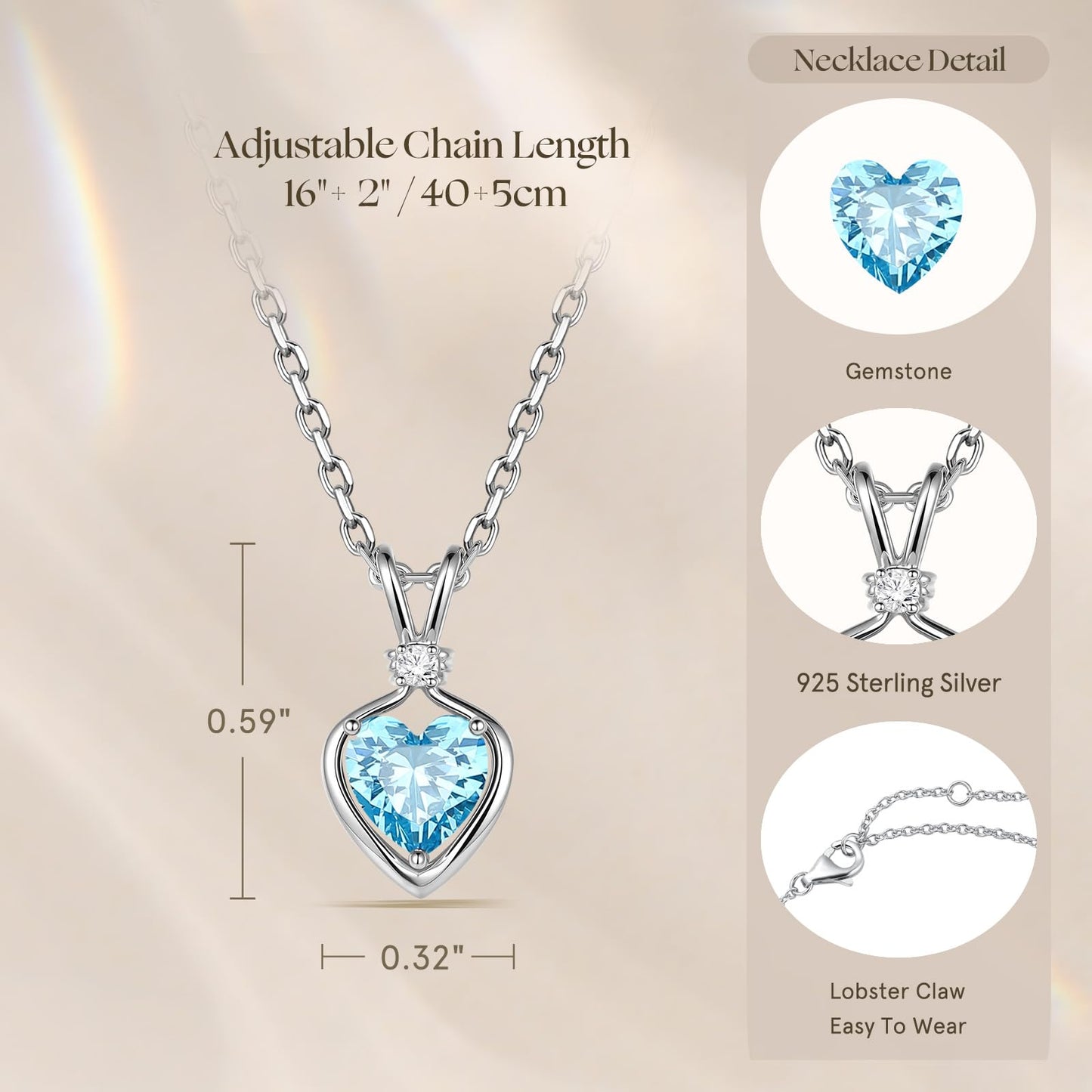 FANCIME 14K Solid White Gold Heart Birthstone Necklace for Women with lab-grown diamond Pendant Birthday Gifts for Mom Women Sterling Silver Chain 16" + 2" Extender
