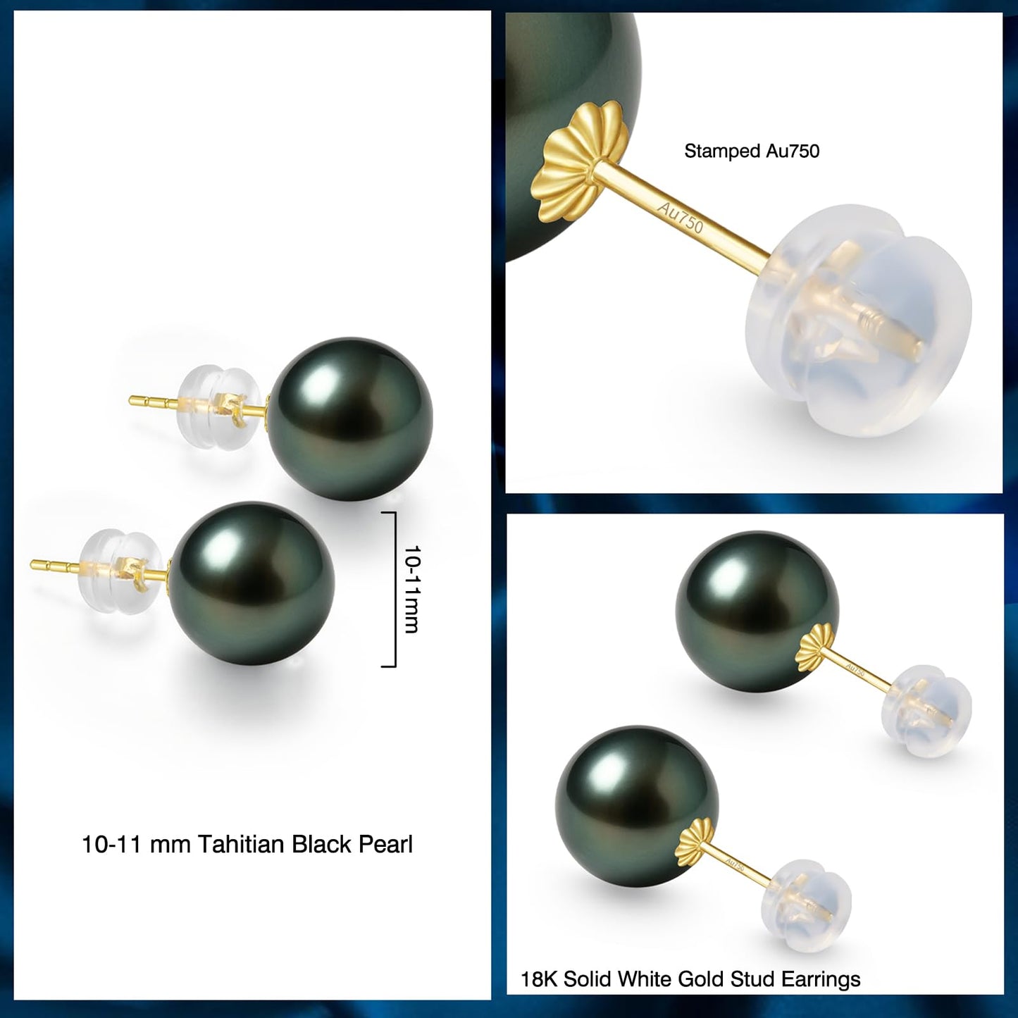 18K Solid Gold Genuine Tahitian Black Pearl Stud Earrings for Women, AAAA 8-11mm Seawater Pearls - Christmas Gift for Wife Mom Daughter Sister Grandma, Women Jewelry for Wedding Anniversary Birthday