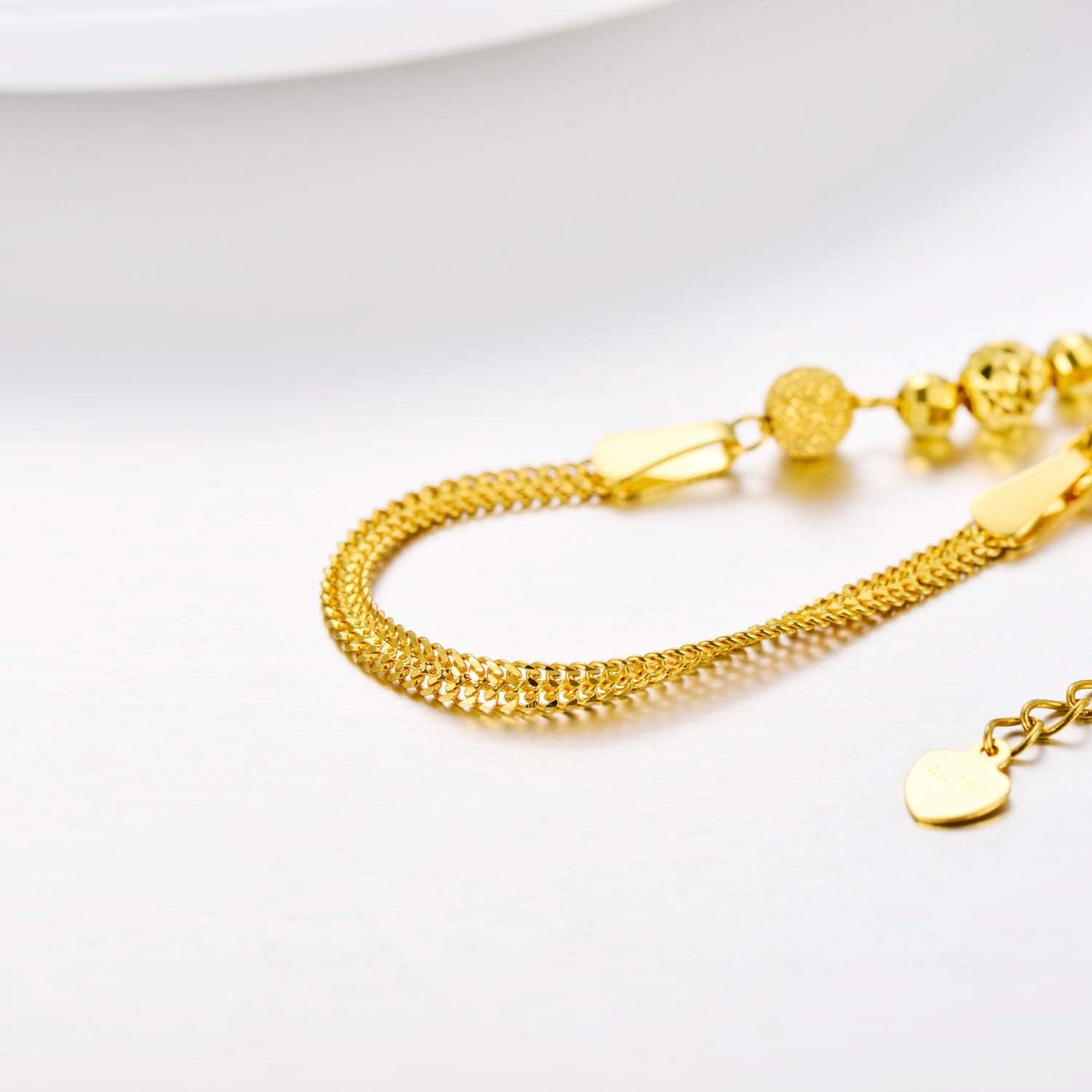 SISGEM Solid 18k Yellow Gold Bead Bracelet for Women, Real18 Karat Gold Jewelry Gifts for Her, (2.3 mm Wide Chain, 6.5-7.7 Inch)
