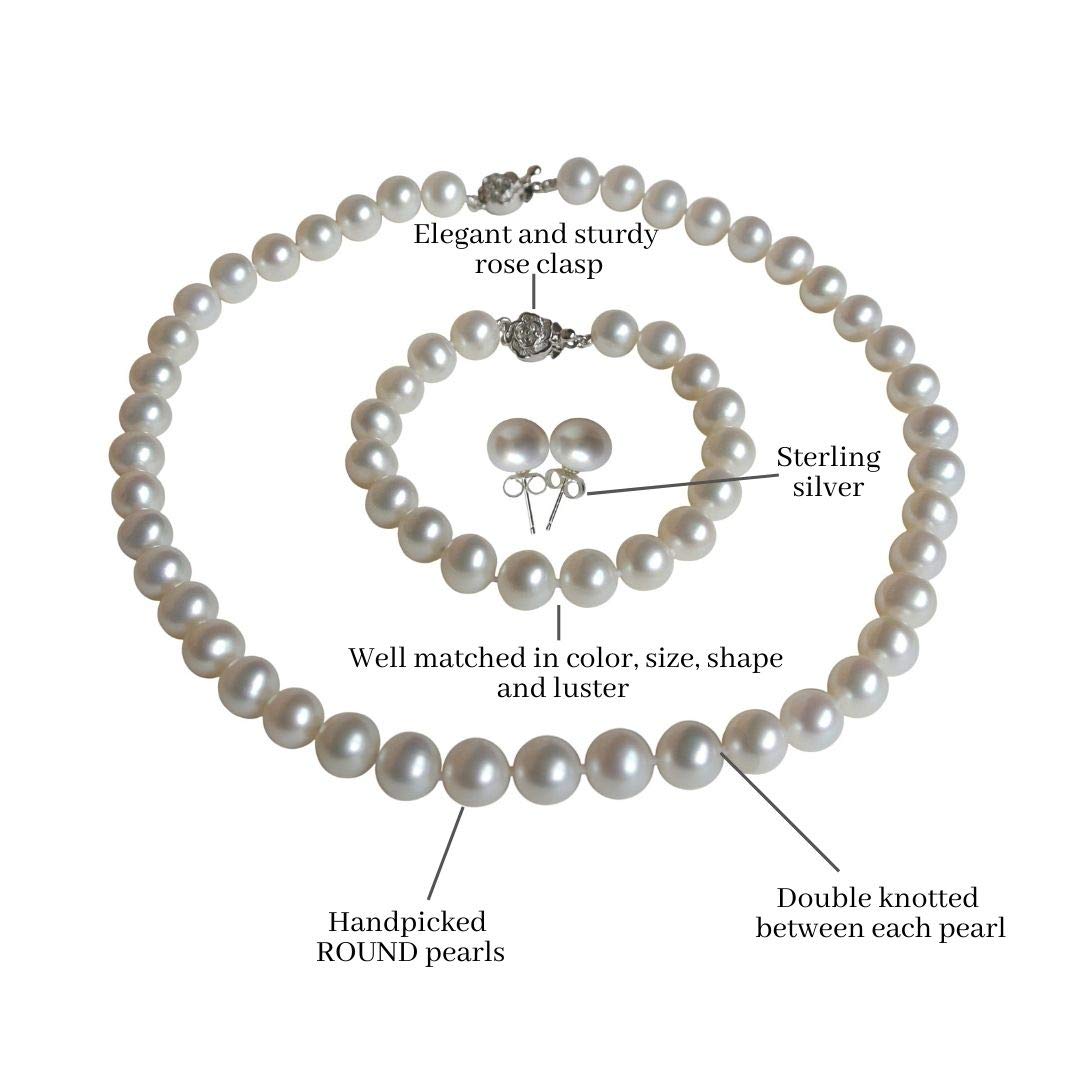 ROUND Real Pearl Necklace Set for Women Bracelet Stud Earrings Ivory Beige Cream White Pearl Jewelry Set Men Cultured Freshwater Wedding - SM