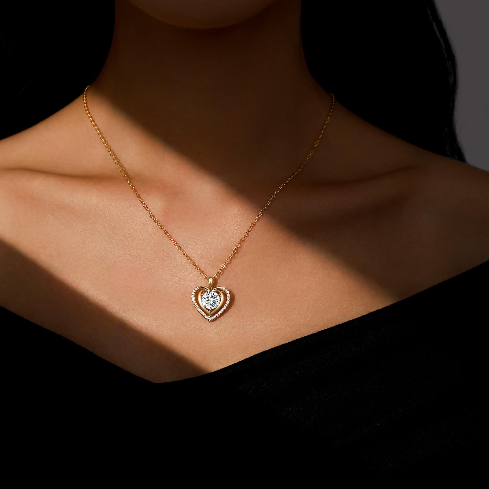 Heart Pendant Gold Necklace for Women Moissanite Lab-Created Gem I Love You Wedding Anniversary Birthday Christmas Valentine Engagements Mothers Day Jewelry for Wife Her Girlfriend Mom Daughter - SM