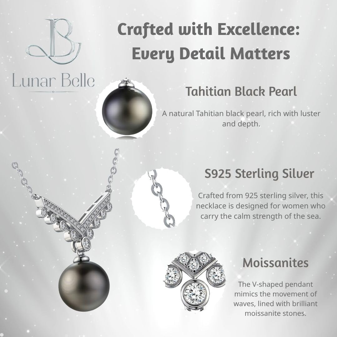 Lunar Belle Black Jewelry for Women Tahitian Pearl Pendant Necklace with Moissanite Sterling Silver, Romantic Gift for Wife Girlfriend Valentine Anniversary (Tide's Kiss)