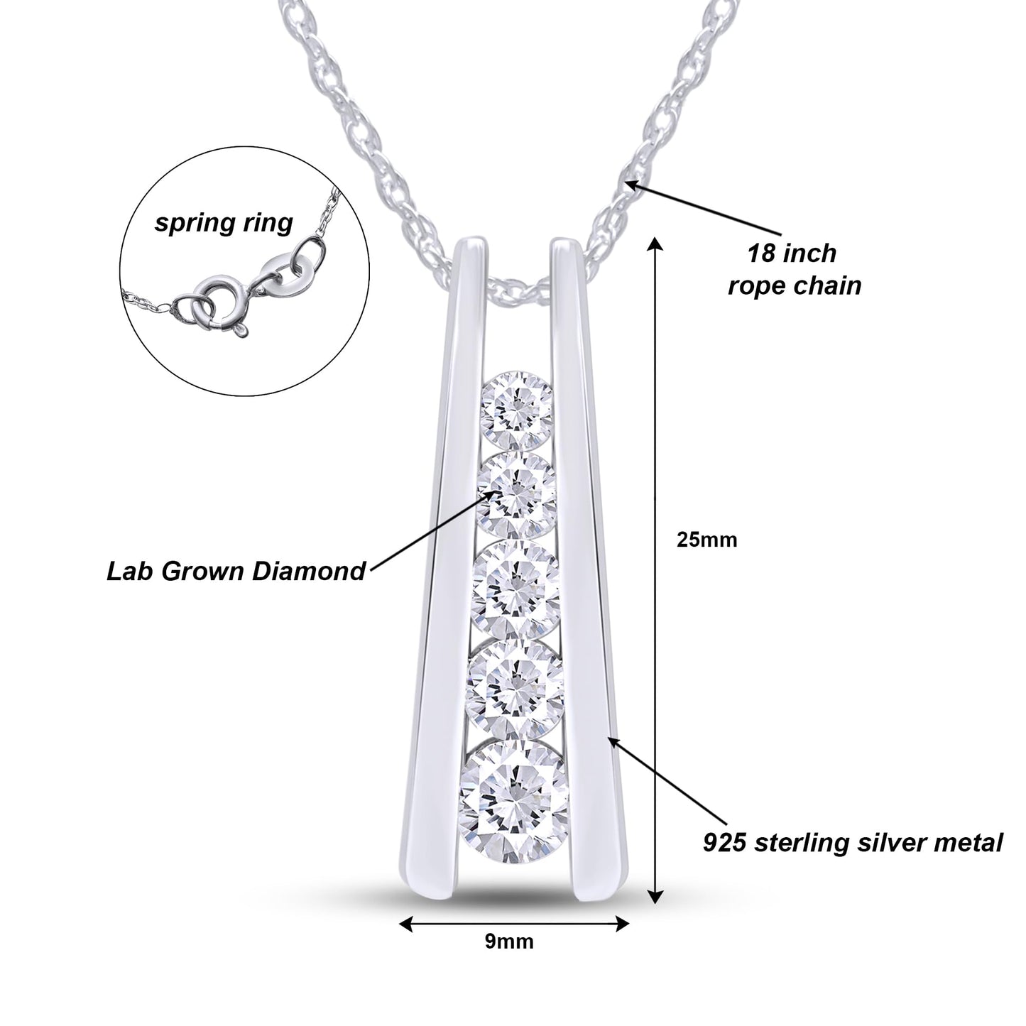 1.25 Carat Lab Created Moissanite or Lab Grown Diamond Five Stone Journey Bar Pendant Necklace In 14k Gold Over Sterling Silver Jewelry With 18" Chain, Gift For Her