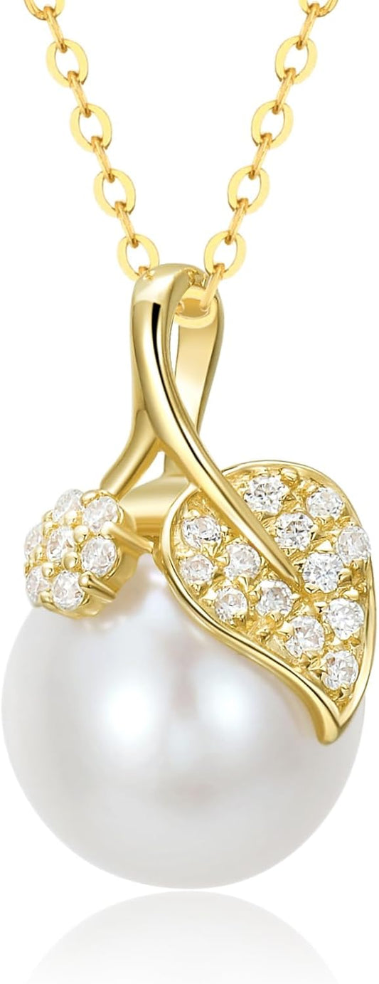 14k Gold Created Moissanite Leaf and Freshwater Cultured Pearl Pendant Necklace for Women, Fine 14kt Gold Pearl Jewerly Gifts for Her, 16-18 Inches