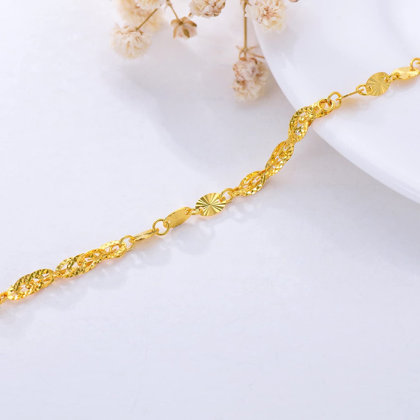 18k Yellow Gold Bracelet for Women, 3mm Width Real Gold Italian Diamond-Cut Link Chain Bracelets Jewelry Anniversary Birthday Gift for Her, Mom, Wife