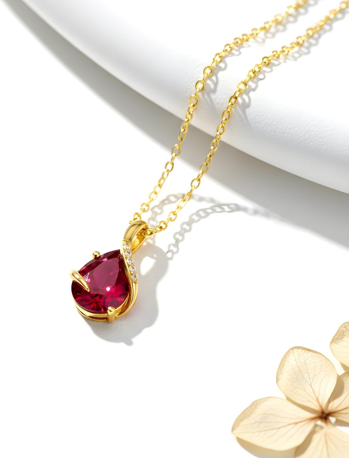 YDD 14K Solid Gold Gemstone Birthstone Necklaces for Women Dainty 2 Carat Pear Shaped Teardrop Gemstone Birthstone Pendant Anniversary Birthday Jewelry Gifts for Her 16"-18"