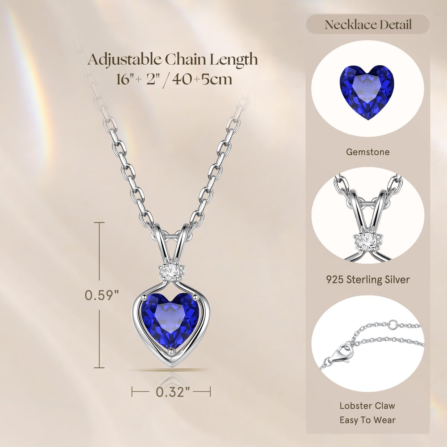 FANCIME 14K Solid White Gold Heart Birthstone Necklace for Women with lab-grown diamond Pendant Birthday Gifts for Mom Women Sterling Silver Chain 16" + 2" Extender