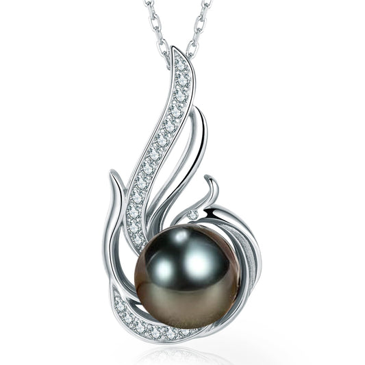 Tahitian Black Pearl Necklaces for Women 10-11mm - Pearl Necklace Phoenix Pendant | with 925 Sterling Silver 18" Chain - Christmas Mothers Day Valentine's Day Gifts For Women Wife Mom Grandma Girlfriend Daughter Her Best Friend Birthday Anniversary Fine J