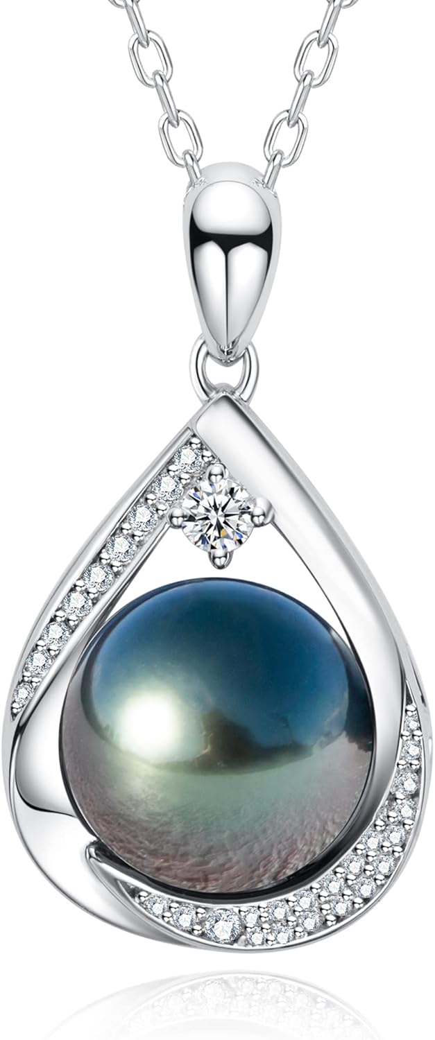 13mm Tahitian Black Pearl Necklace Pear Pendant Moissanite Sterling Silver Necklaces Birthday Anniversary Mothers Day Valentines Day Christmas Gifts for Mom Her Women - SM