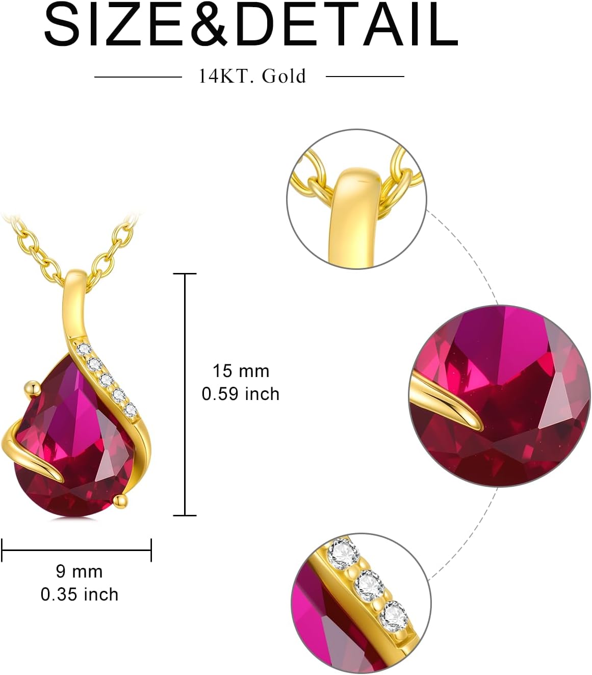 YDD 14K Solid Gold Gemstone Birthstone Necklaces for Women Dainty 2 Carat Pear Shaped Teardrop Gemstone Birthstone Pendant Anniversary Birthday Jewelry Gifts for Her 16"-18"
