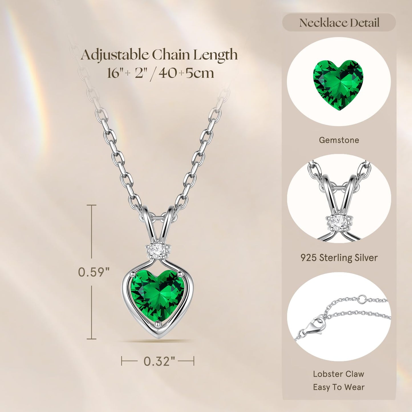 FANCIME 14K Solid White Gold Heart Birthstone Necklace for Women with lab-grown diamond Pendant Birthday Gifts for Mom Women Sterling Silver Chain 16" + 2" Extender