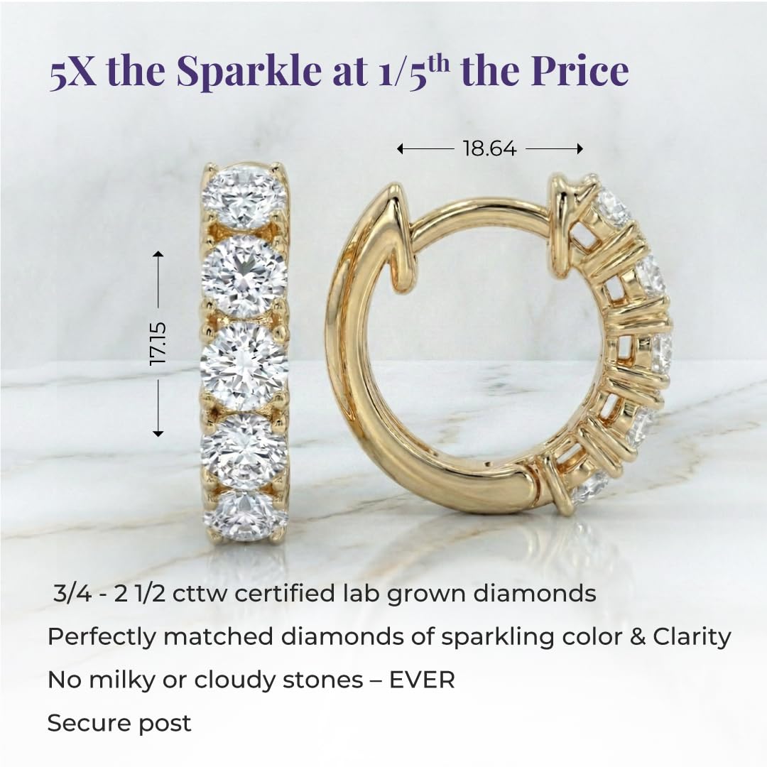 Diamond Huggie Earrings for Women | 3/4-2 1/2 CT TW 14K Yellow and White Gold Small Hoop Earrings | Lab Created Diamonds | Certified by Gemologists