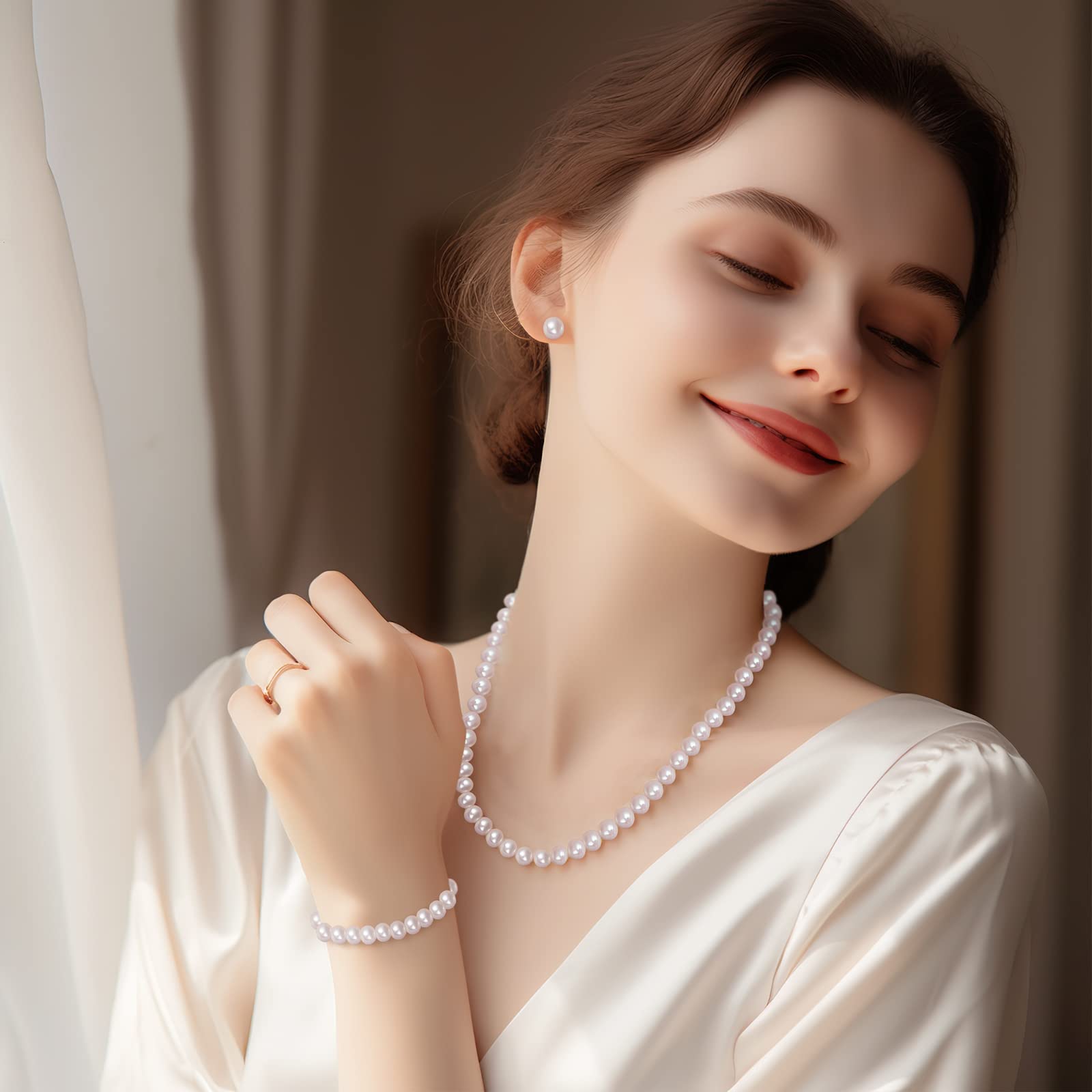 AOOVOO Freshwater Cultured Pearl Necklace Set - Real Pearl Necklace Set Includes Stunning Bracelet and Stud Earrings Jewelry Set for Women - SM