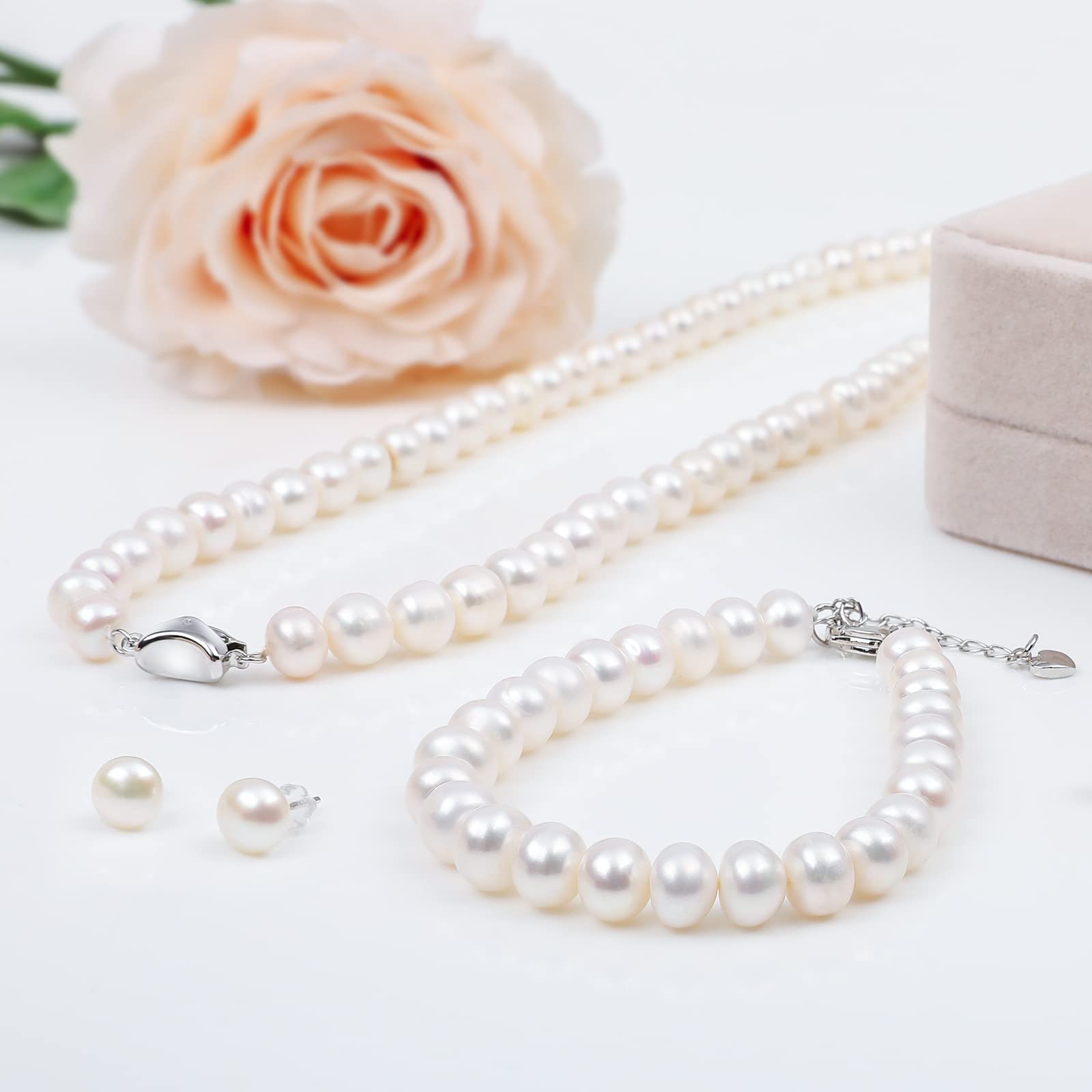 AOOVOO Freshwater Cultured Pearl Necklace Set - Real Pearl Necklace Set Includes Stunning Bracelet and Stud Earrings Jewelry Set for Women - SM