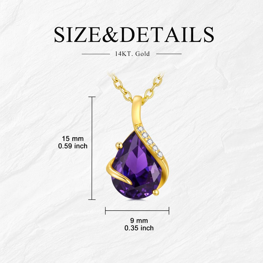 YDD 14K Solid Gold Gemstone Birthstone Necklaces for Women Dainty 2 Carat Pear Shaped Teardrop Gemstone Birthstone Pendant Anniversary Birthday Jewelry Gifts for Her 16"-18"