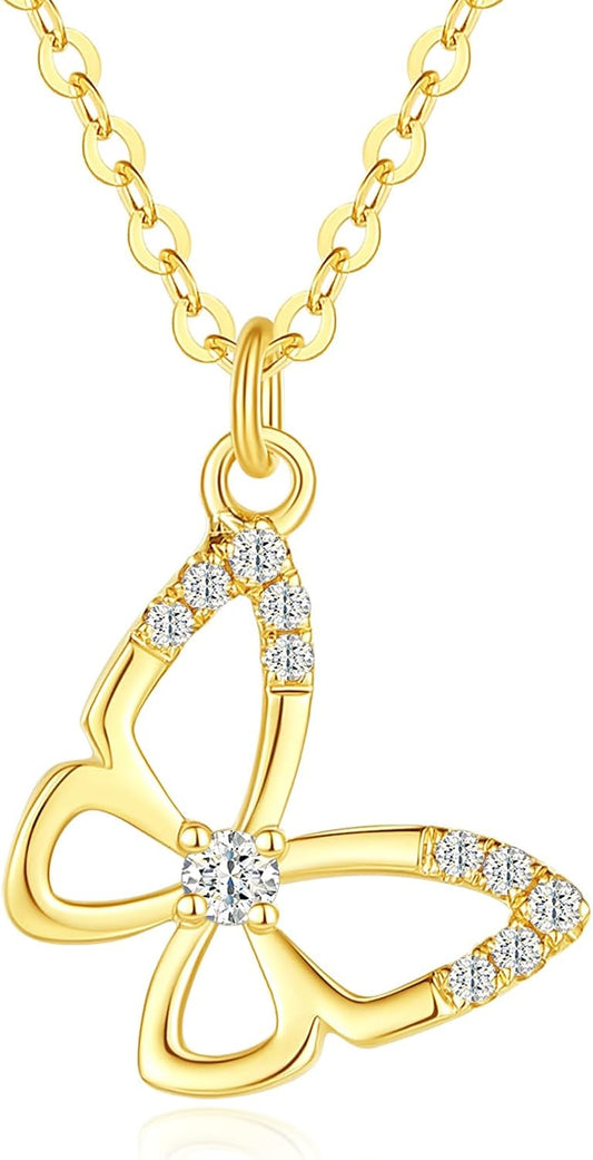 Butterfly Diamond Pendant Necklace | 14K Solid Yellow Gold