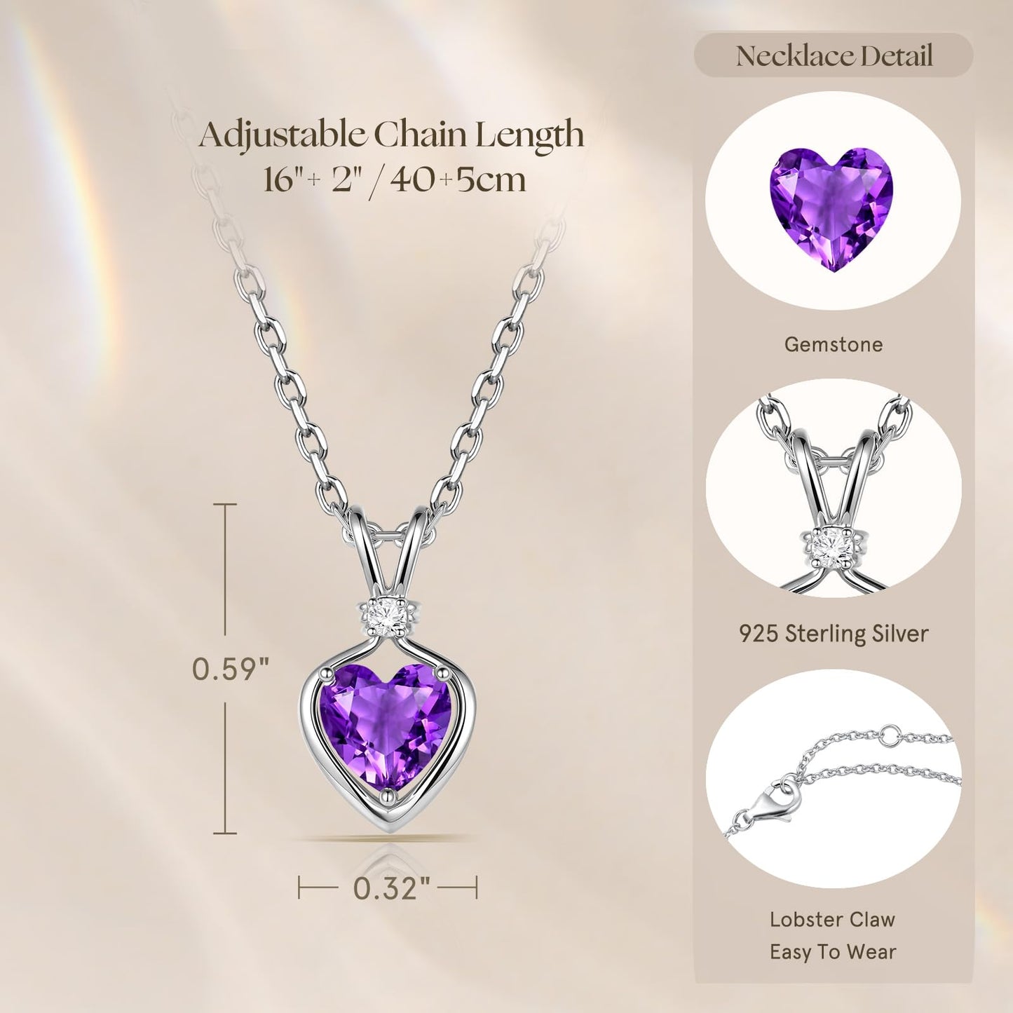 FANCIME 14K Solid White Gold Heart Birthstone Necklace for Women with lab-grown diamond Pendant Birthday Gifts for Mom Women Sterling Silver Chain 16" + 2" Extender