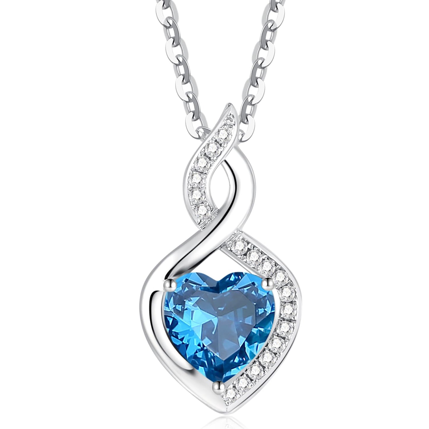 FANCIME 14K Solid White Gold Heart Birthstone Necklace with Diamond Pendent Birthday Gifts for Mom Women, Sterling Silver Chain 16" + 2" Extender