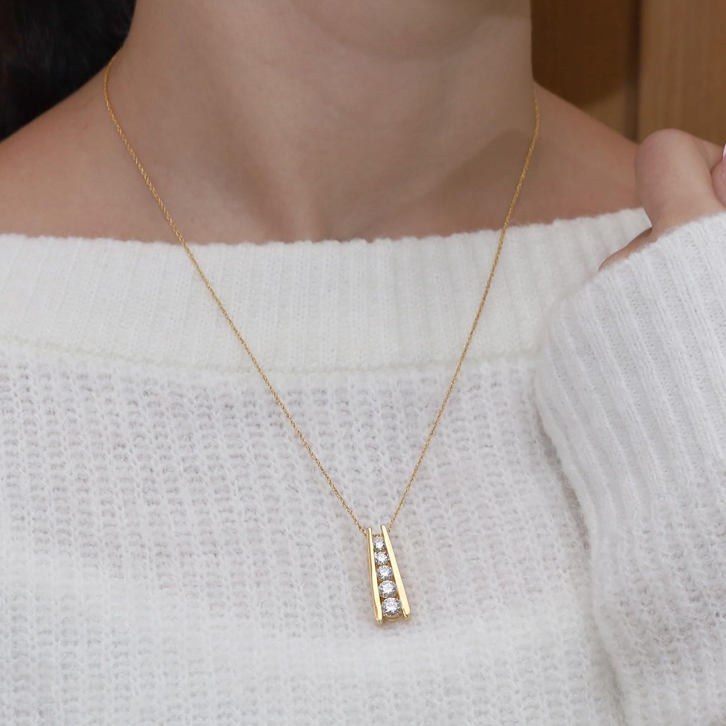 1.25 Carat Lab Created Moissanite or Lab Grown Diamond Five Stone Journey Bar Pendant Necklace In 14k Gold Over Sterling Silver Jewelry With 18" Chain, Gift For Her
