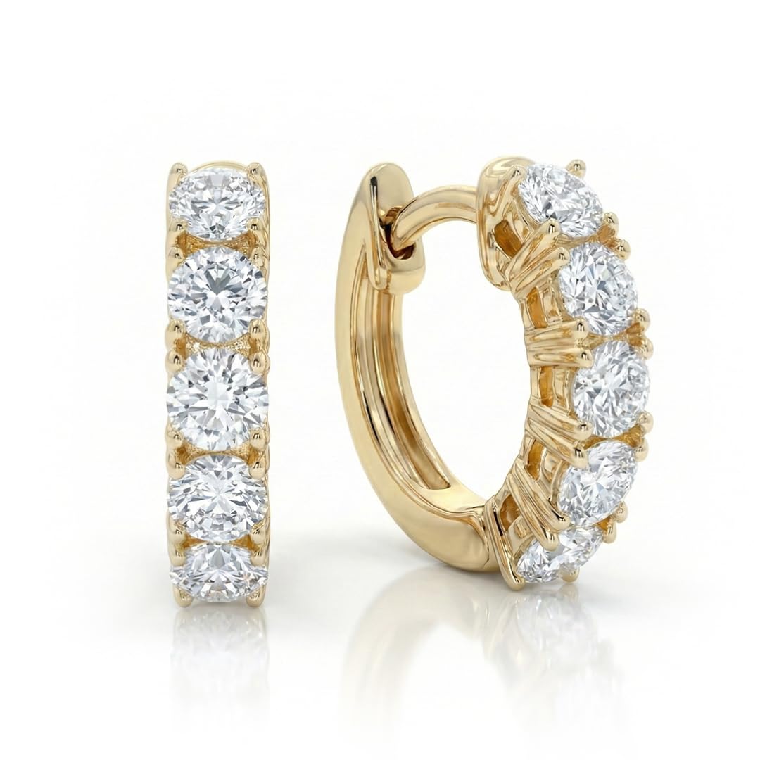 Diamond Huggie Earrings for Women | 3/4-2 1/2 CT TW 14K Yellow and White Gold Small Hoop Earrings | Lab Created Diamonds | Certified by Gemologists