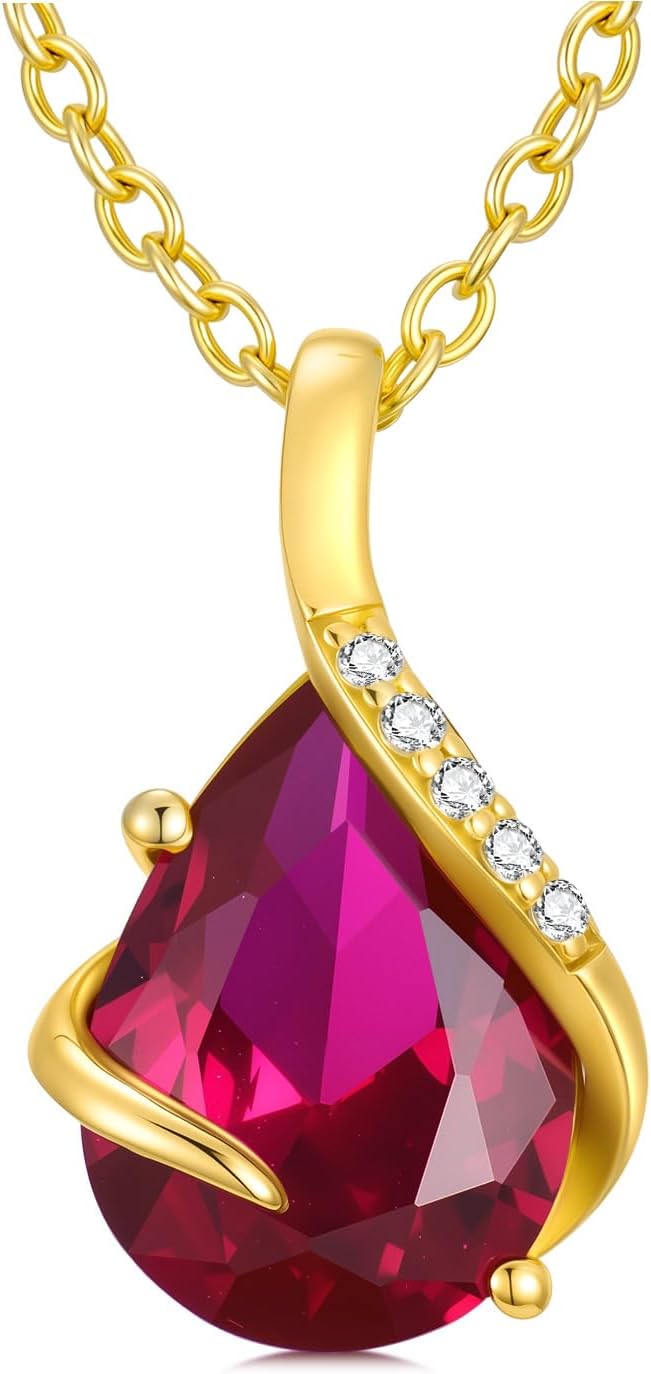 YDD 14K Solid Gold Gemstone Birthstone Necklaces for Women Dainty 2 Carat Pear Shaped Teardrop Gemstone Birthstone Pendant Anniversary Birthday Jewelry Gifts for Her 16"-18"
