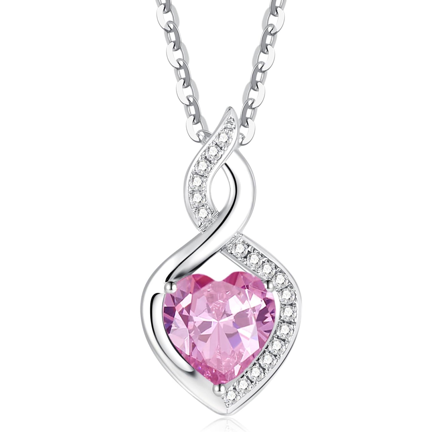 FANCIME 14K Solid White Gold Heart Birthstone Necklace with Diamond Pendent Birthday Gifts for Mom Women, Sterling Silver Chain 16" + 2" Extender