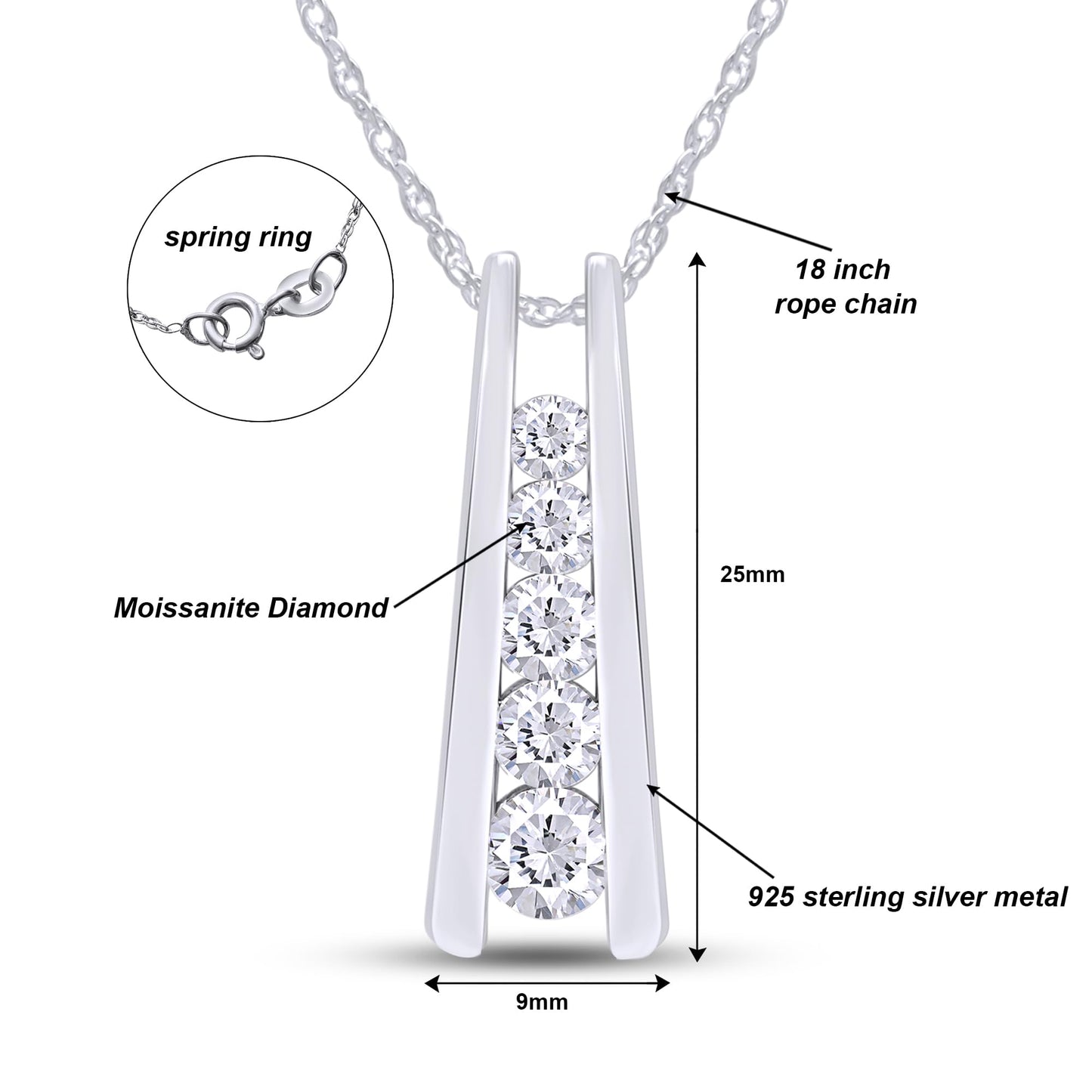 1.25 Carat Lab Created Moissanite or Lab Grown Diamond Five Stone Journey Bar Pendant Necklace In 14k Gold Over Sterling Silver Jewelry With 18" Chain, Gift For Her