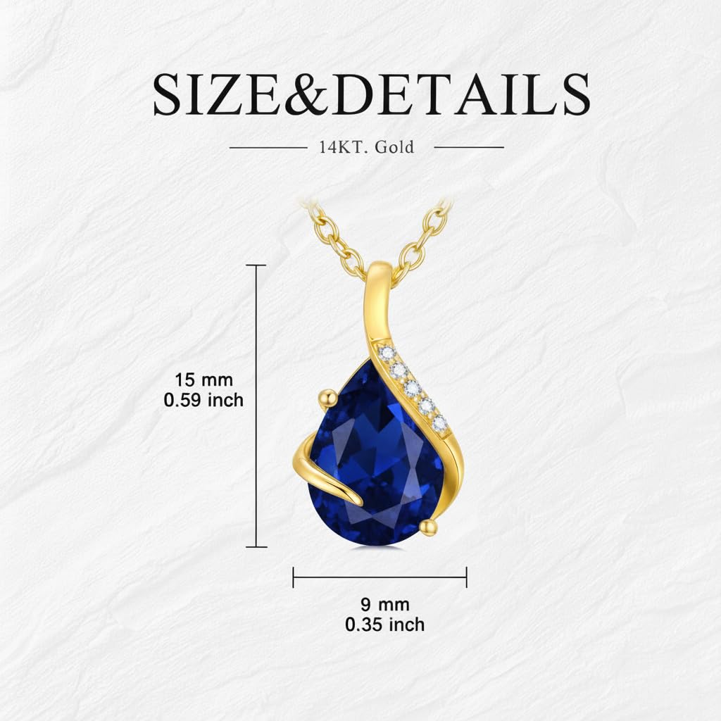 YDD 14K Solid Gold Gemstone Birthstone Necklaces for Women Dainty 2 Carat Pear Shaped Teardrop Gemstone Birthstone Pendant Anniversary Birthday Jewelry Gifts for Her 16"-18"