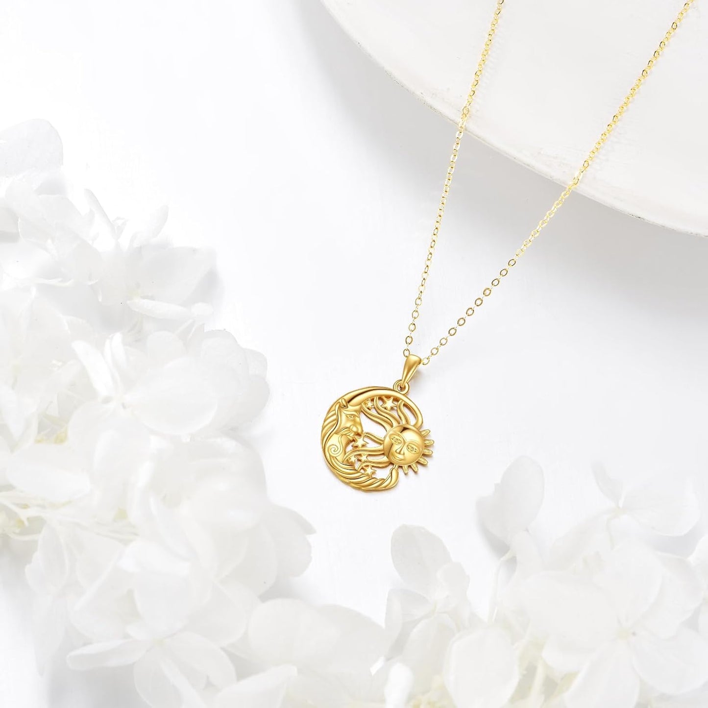 KECHO 14K Solid Gold Sun Moon Star Necklace Couple Pendant 14K Real Gold Jewelry Anniversary Birthday Gifts for Women